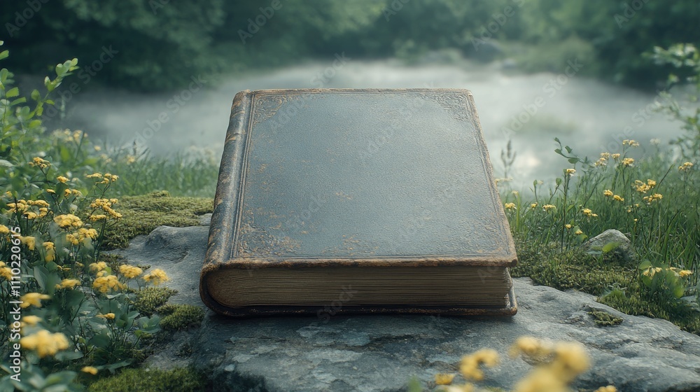 Poster empty vintage book on a stone surrounded by wildflowers and greenery near a tranquil misty lake in a