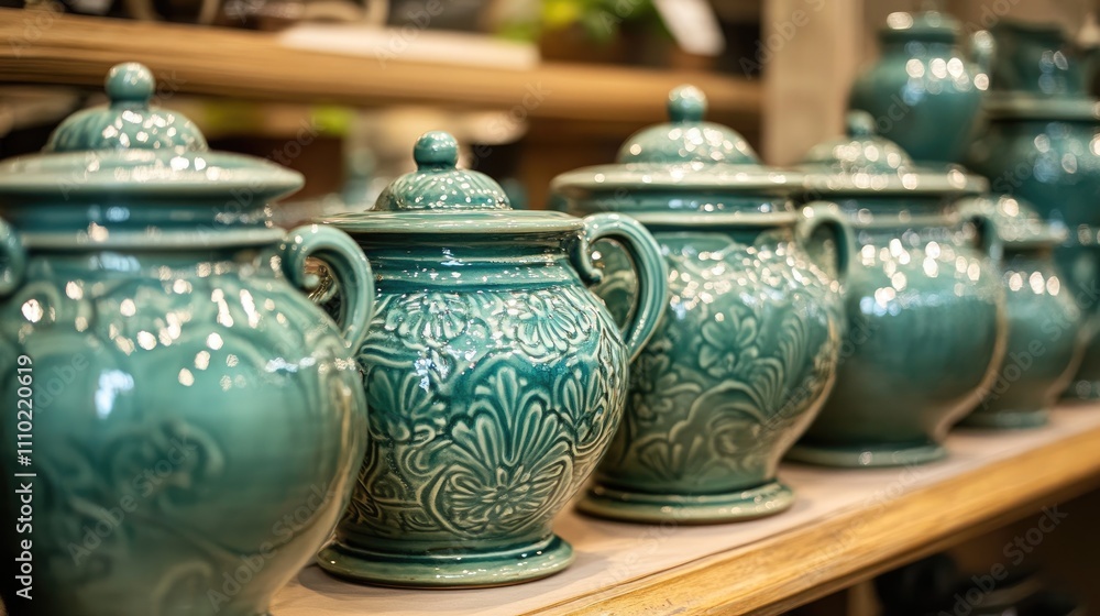 Poster turquoise glazed ceramic pots and pitchers on a wooden shelf displaying traditional patterns in a ch