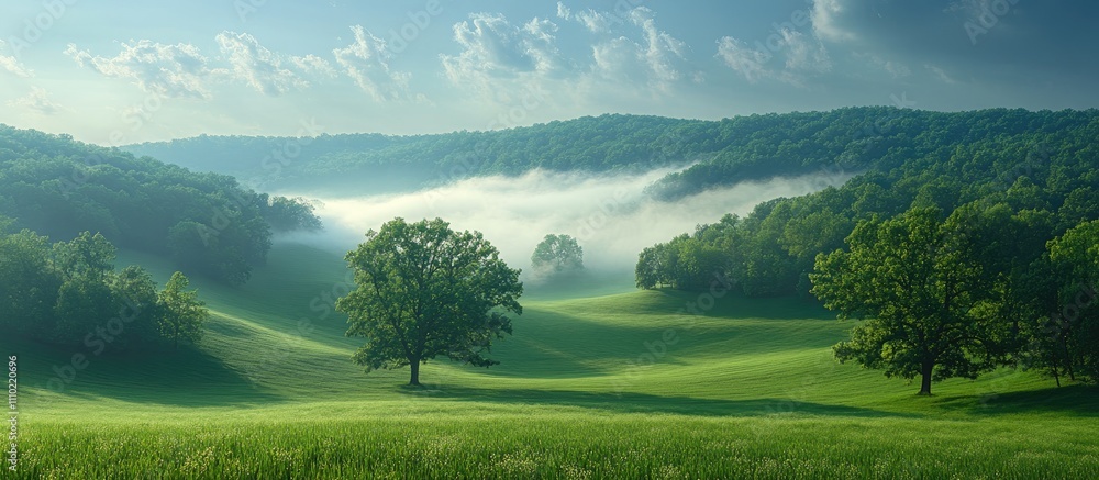 Poster serene landscape with rolling hills majestic trees and fog creating a tranquil atmosphere under a cl