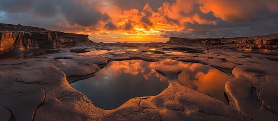 Majestic sunset over volcanic landscape with reflective pools and dramatic skies creating a breathtaking natural scenery.