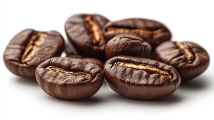 Obraz premium Freshly roasted coffee beans arranged on a clean white background showcasing their rich aroma and texture for culinary or lifestyle themes