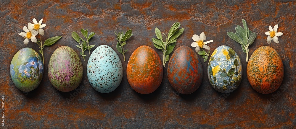 Poster colorful easter eggs adorned with herbs and flowers on a textured background creating a rustic and f