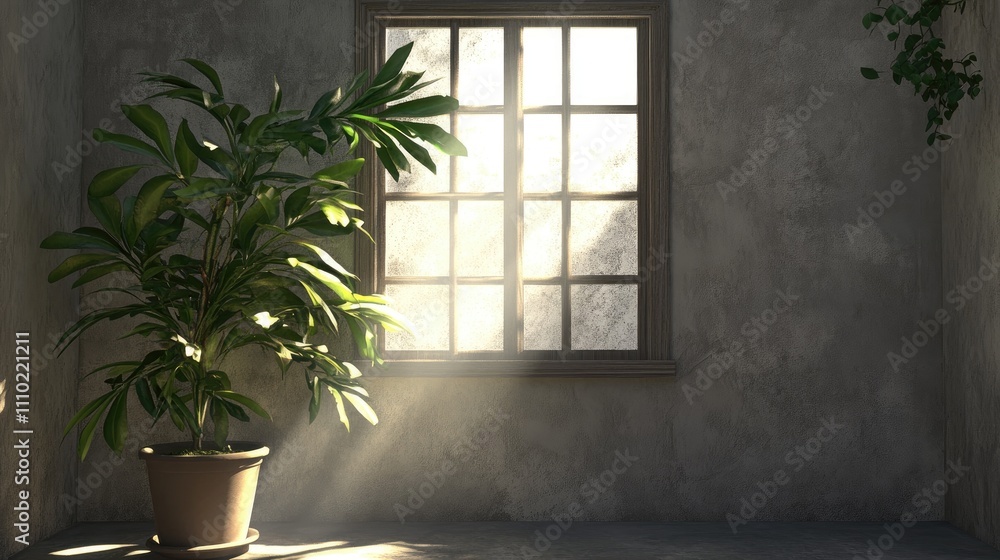 Poster sunlit empty office interior with window and potted plant in a minimalist 3d rendering design for modern workspace concepts
