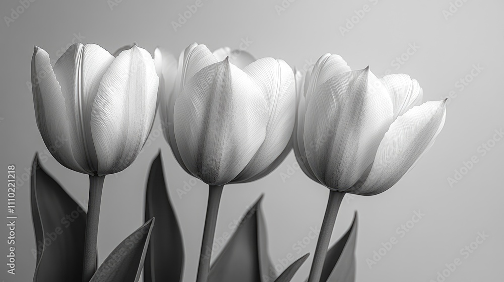 Aufkleber elegant white tulips in monochrome showcasing delicate petals and smooth leaves on a soft gray backd