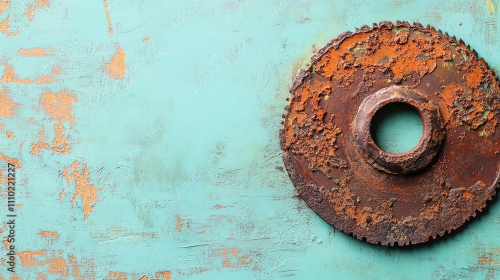 Poster rusty saw blade against a pale blue background showcasing texture and age for artistic and vintage d