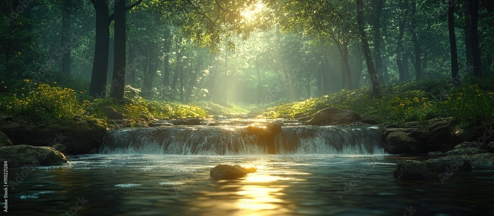 Poster tranquil forest scene with sunlight filtering through trees over a serene stream with flowing water 