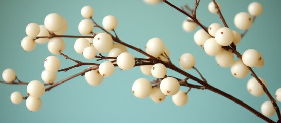 Close up of white mistletoe berries on branches with a soft light blue background showcasing seasonal holiday decorations and natural beauty