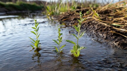 Wild mugwort plants emerging from waterlogged soil after rainfall in a natural setting showcasing vibrant green growth and environmental resilience