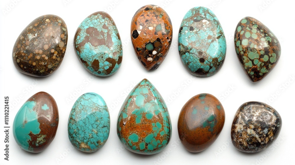 Poster Variscite stones collection showcasing unique patterns and colors on a clean white background for display and artistic purposes.