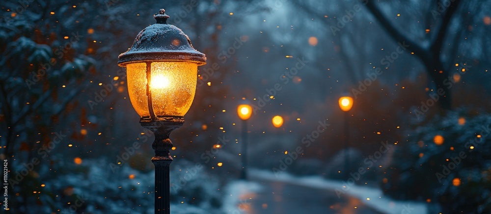 Poster winter evening with warm street lamps illuminating a snowy pathway surrounded by trees, creating a p