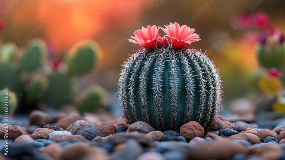 Aufkleber vibrant cactus with blooming flowers in a serene garden setting surrounded by smooth stones and a co