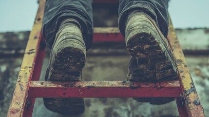 Worker's legs on fragile ladder emphasizing safety hazards in construction and painting activities