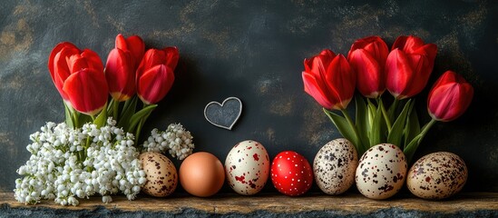 Colorful tulips and decorated eggs on a rustic background celebrating spring and Easter in a vibrant floral arrangement.