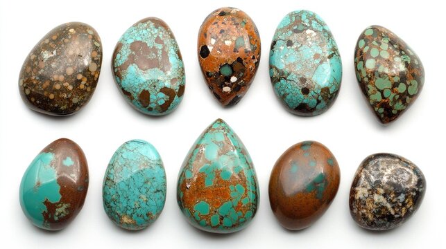 Variscite stones collection showcasing unique patterns and colors on a clean white background for display and artistic purposes.