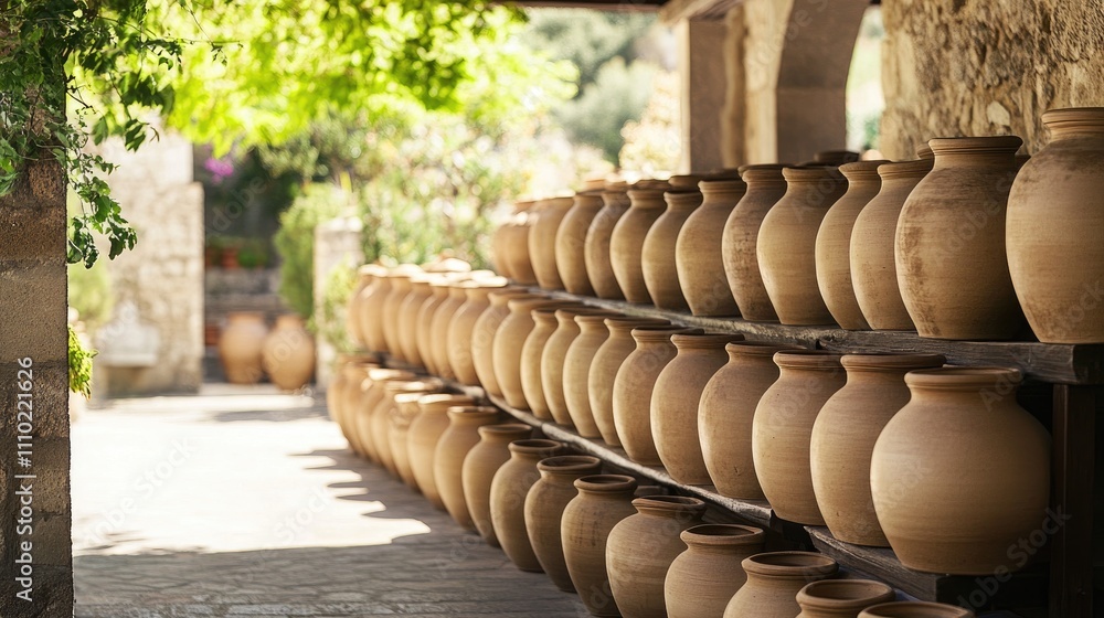Poster rows of traditional pottery pots displayed under a shaded archway in a serene outdoor setting