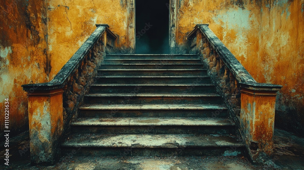 Aufkleber Weathered staircase in an abandoned building highlighting aged textures and historical architecture details in a serene atmosphere.