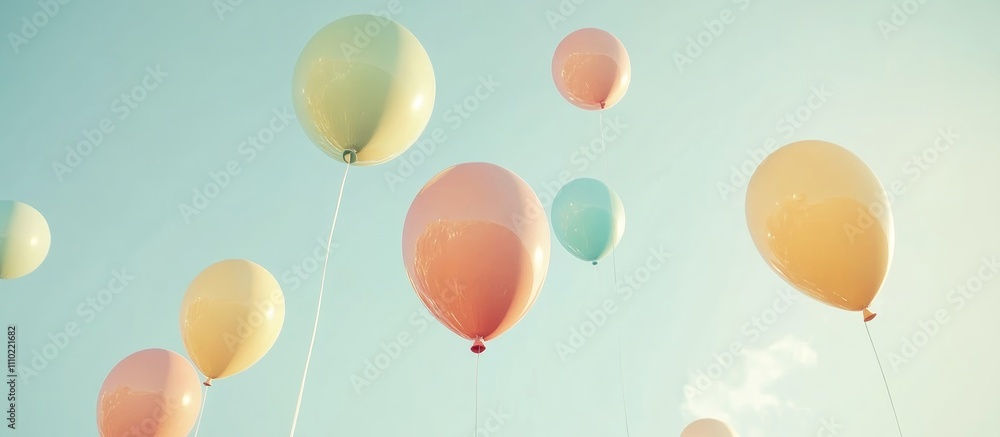 Poster colorful balloons in pastel shades floating against a clear sky background creating a joyful and upl