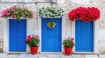 Naklejka premium Charming blue doors adorned with vibrant flowers in a picturesque European village setting