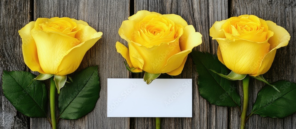 Poster three vibrant yellow roses alongside a blank card on a rustic wooden table creating an elegant and w