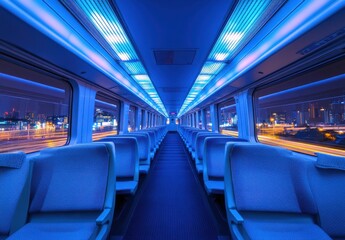 Naklejka premium Futuristic Interior of an Abandoned Train Car Illuminated with Blue LED Lights Showcasing Urban Scene Through Windows at Night