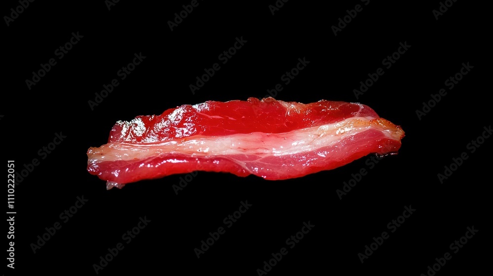 Poster raw bacon slice on black background showcasing its savory texture and vibrant color ideal for culina
