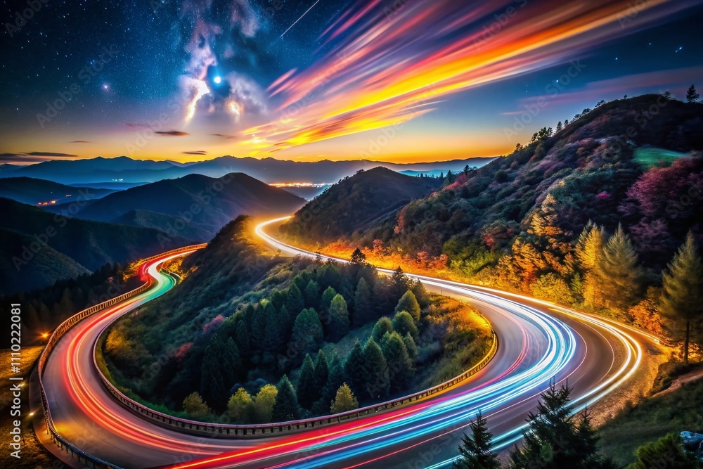 Poster captivating abstract light trails in a night landscape with vibrant colors and dynamic movement crea