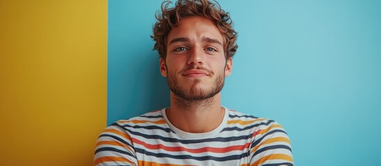 Young man in striped shirt playfully posing with crossed eyes and a humorous expression against a vibrant blue and yellow background