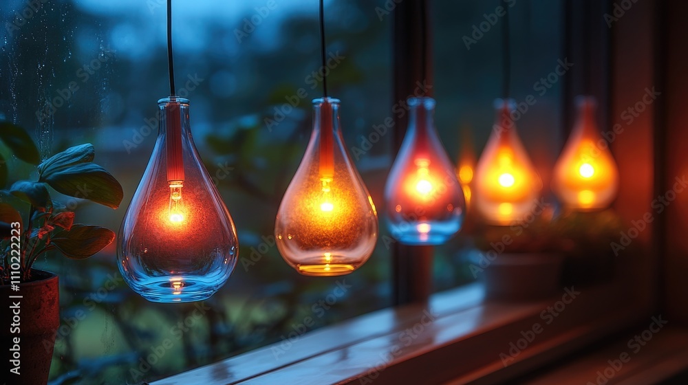 Aufkleber Colorful drop-shaped string lights illuminating a cozy window scene with plants creating a warm and inviting atmosphere at dusk.