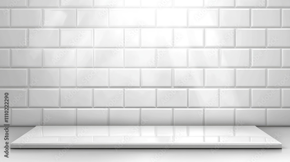 Poster white ceramic mosaic table top with shiny subway tile background for product display and montage in 
