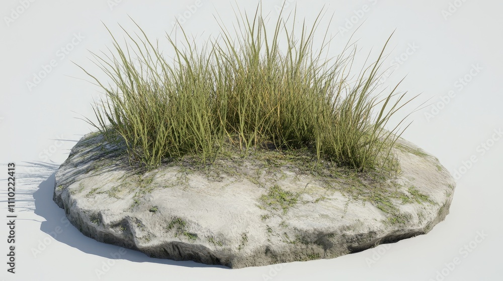 Poster grassy mound with sparse vegetation showcasing a dirt surface on a rocky base ideal for landscape de