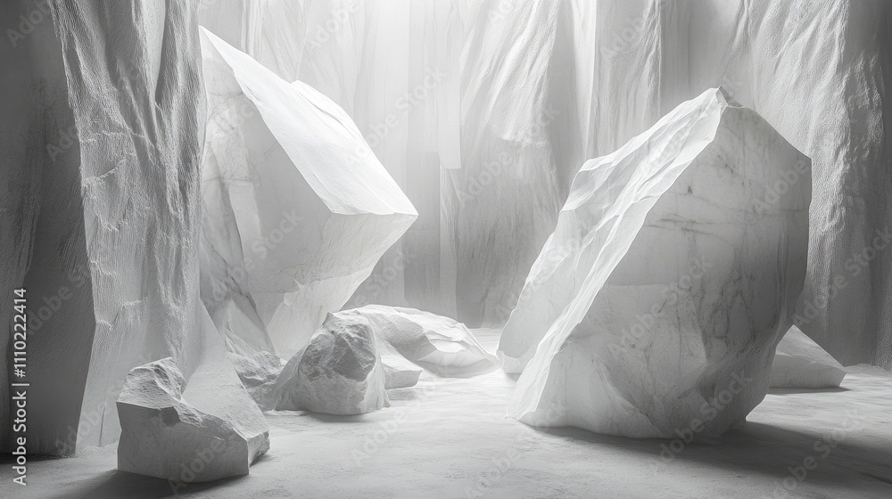 Poster white marble quarry interior showcasing large stone blocks and textured surfaces in a bright and eth