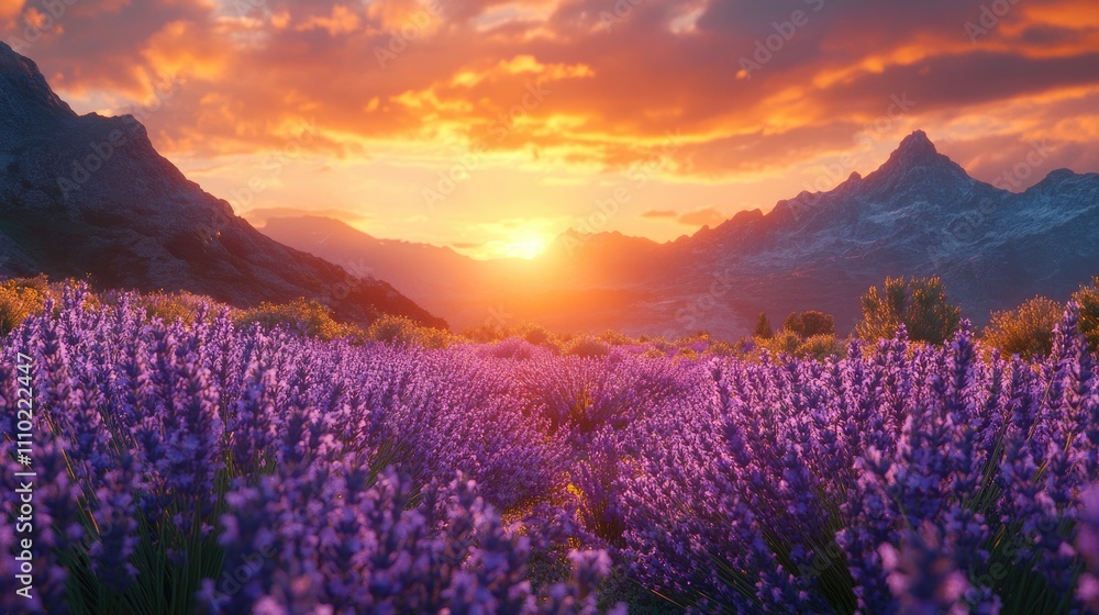 Poster lavender field at sunset with mountains in the background creating a serene and vibrant natural land