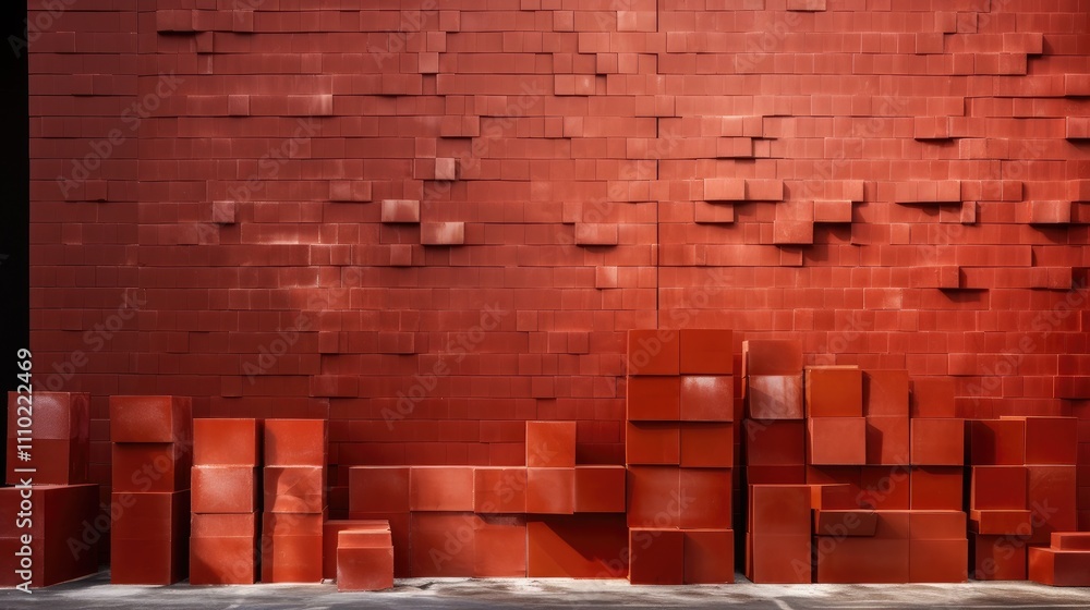Poster red brick blocks stacked against a textured red zinc sheet wall in an artistic architectural backgro
