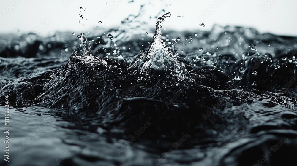 Poster dynamic black liquid splashes and ripples creating an abstract water movement background with a sere