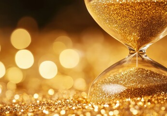 Glimmering Golden Hourglass with Shimmering Sand Against a Background of Blurry Sparkling Lights, Symbolizing Time and Luxury