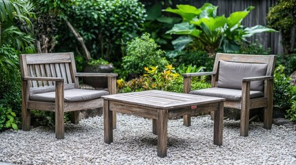Obraz premium Wooden sofa set and coffee table in a serene garden setting showcasing outdoor furniture and decorative landscaping elements