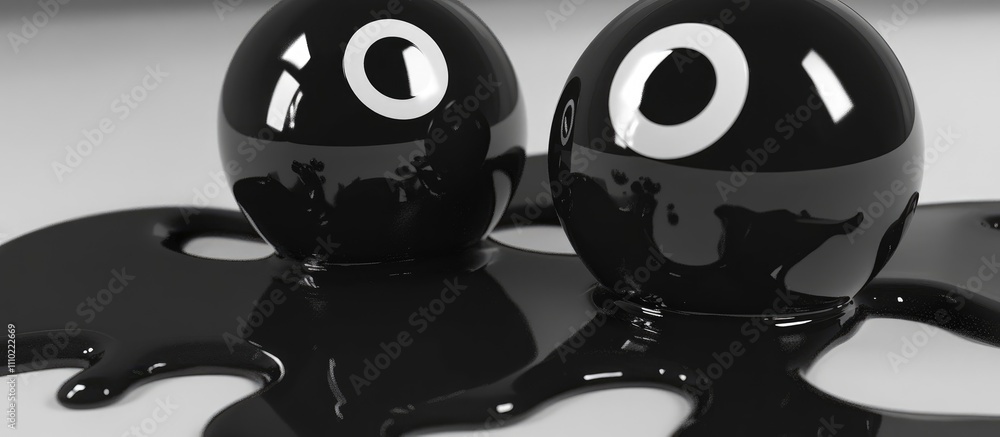 Poster Black glossy spheres rolling on a reflective surface with liquid splashes creating an abstract and artistic composition