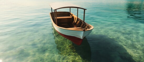 Obraz premium Serene Wooden Boat Floating in Crystal Clear Water at Sunset Perfect for Holiday and Travel Themes