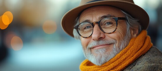 Smiling elderly man in hat and scarf enjoying a sunny day outdoors sitting by a scenic coastal view with a relaxed demeanor