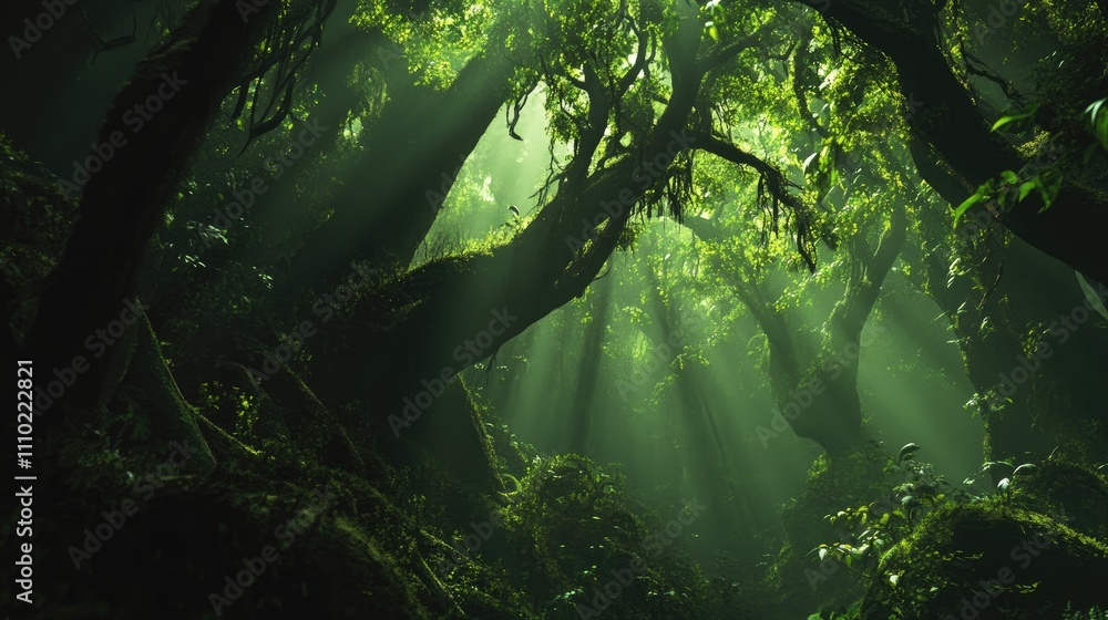 Leinwandbilder lush green forest landscape with sunlight filtering through trees creating a serene and vibrant atmo