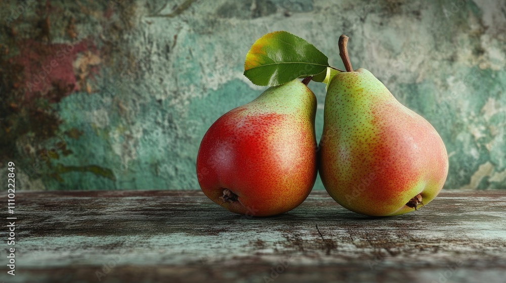 Poster ripe red and green pears placed on an aged wooden table with a textured background showcasing natura