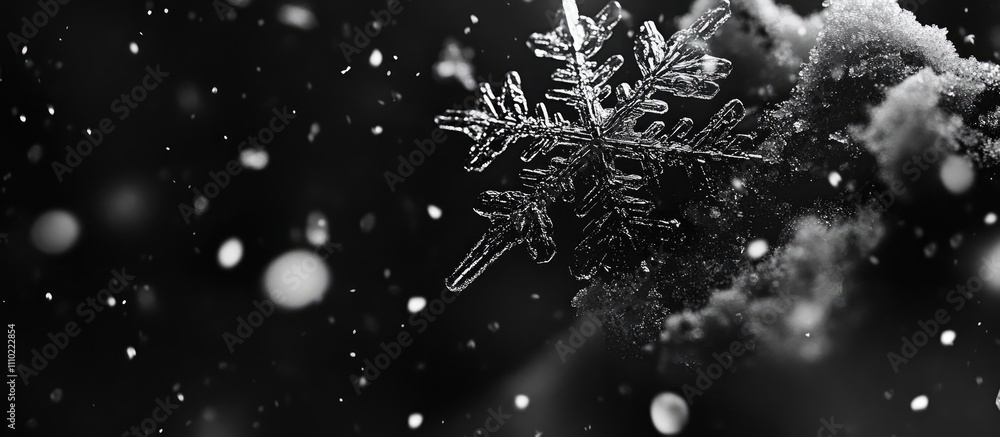 Poster melting snowflakes captured in monochrome with a soft bokeh background showcasing winter's delicate 