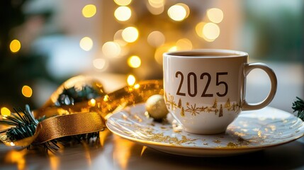 A coffee cup featuring the number  in bold, paired with a matching plate, surrounded by gold ribbons and holiday lights