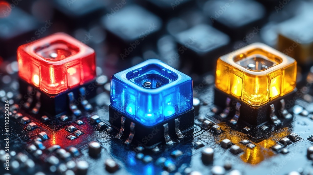 Poster tactile push button micro switches with colorful led indicators on circuit board electronic componen