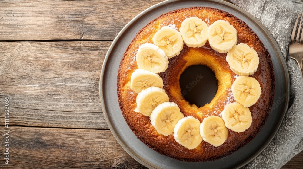 Poster banana cake with sliced bananas on top displayed on a rustic wooden table viewed from above with roo