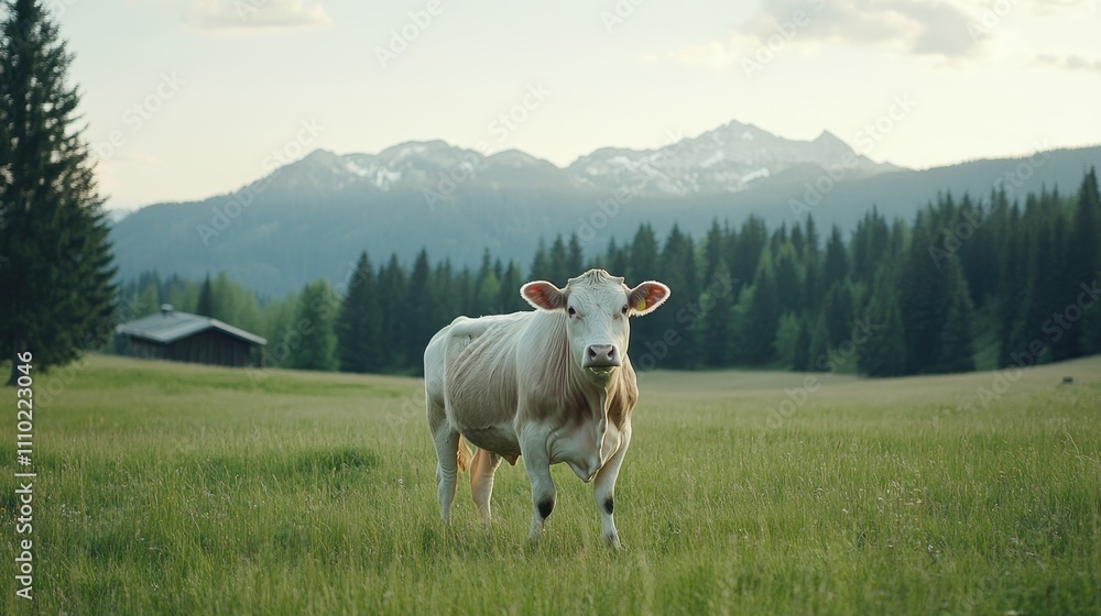 Aufkleber serene cow grazing in a lush green valley with mountains and trees in the background under soft afte