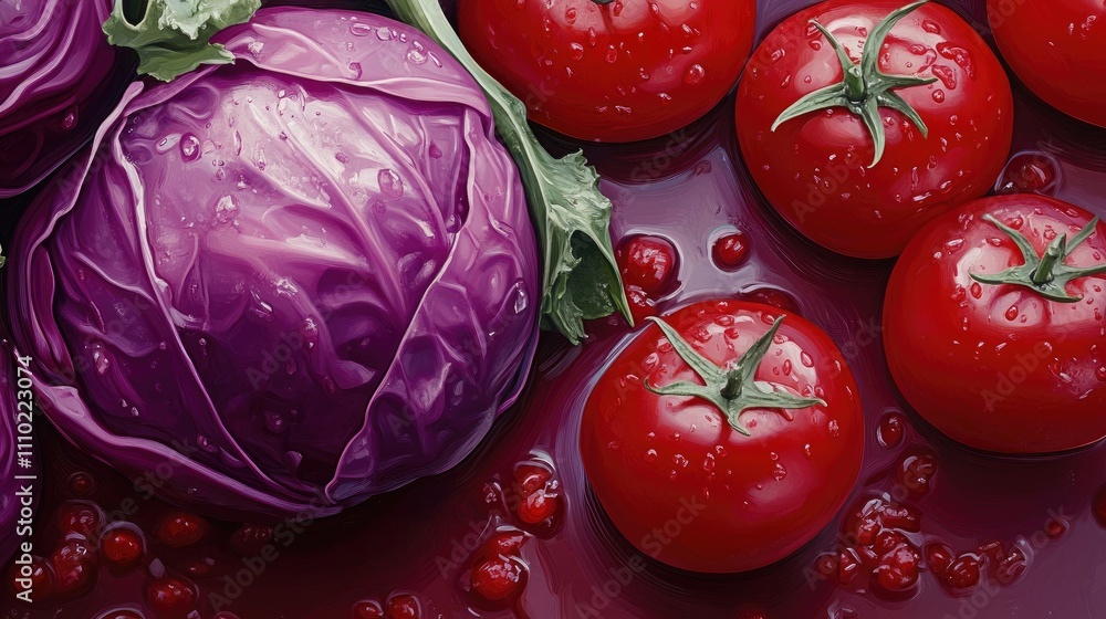 Aufkleber fresh red cabbage and juicy red tomatoes with water droplets on a vibrant background for healthy foo
