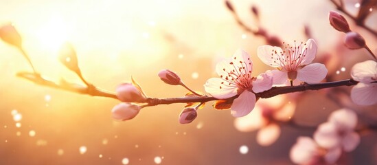 Fototapeta premium Delicate pink cherry blossom flowers illuminated by warm sunlight showcasing nature's beauty in springtime close-up.