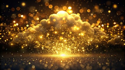 Golden Cloud of Sparkling Dust and Bokeh Lights on a Dark Background