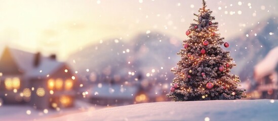 Festive snowy landscape with Christmas tree illuminated by soft lights creating a warm holiday atmosphere in a serene winter scene